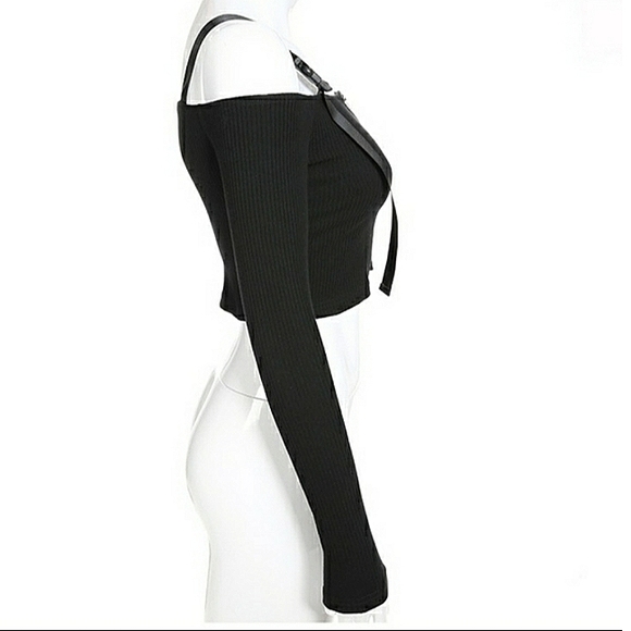 Black Cold Shoulder Ribbed Knitted Crop Top Long Sleeve Streetwear - Picture 11 of 15